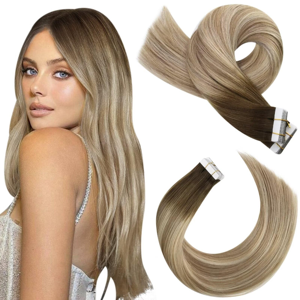 Moresoo Unisex Brown Tape In Hair Extensions Ombre Real Human Hair Tape In Balayage To Light With Blonde Hair Extensions Real Human Hair Seamless Tape