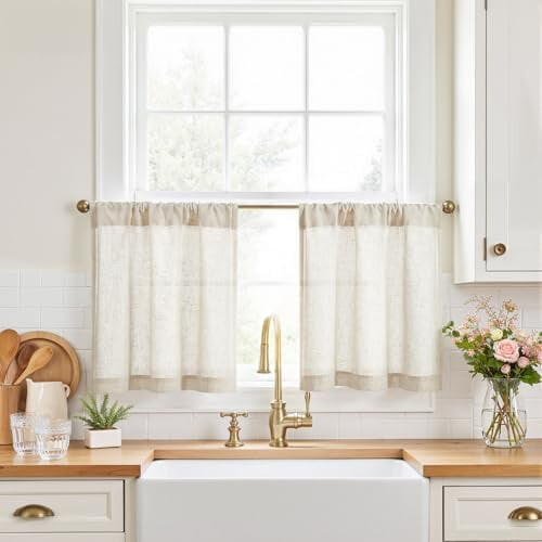 Cortinas de linho para cozinha, bege, 20 polegadas, 2 painéis.
