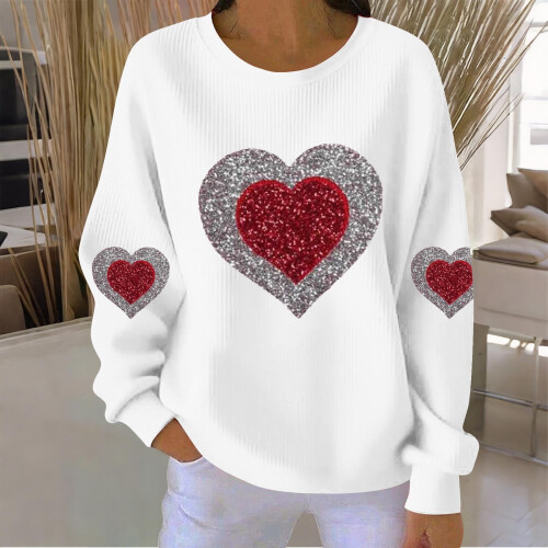 Felpa da donna a coste con scollo rotondo e cuore per San Valentino, lunga 1