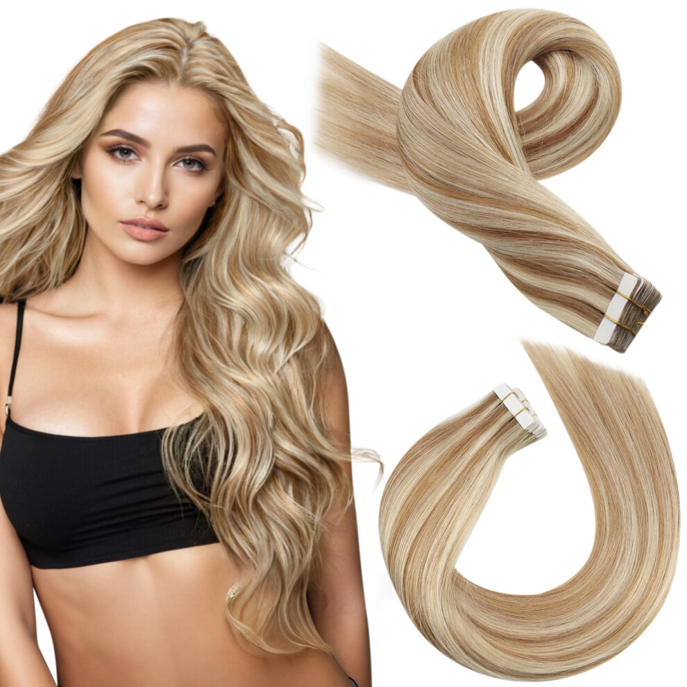 Moresoo Unisex Tape In Hair Extensions Blonde Human Hair Extensions Tape In Invisible Tape In Extensions Real Human Hair Highlighted Blonde Hair Extensions G