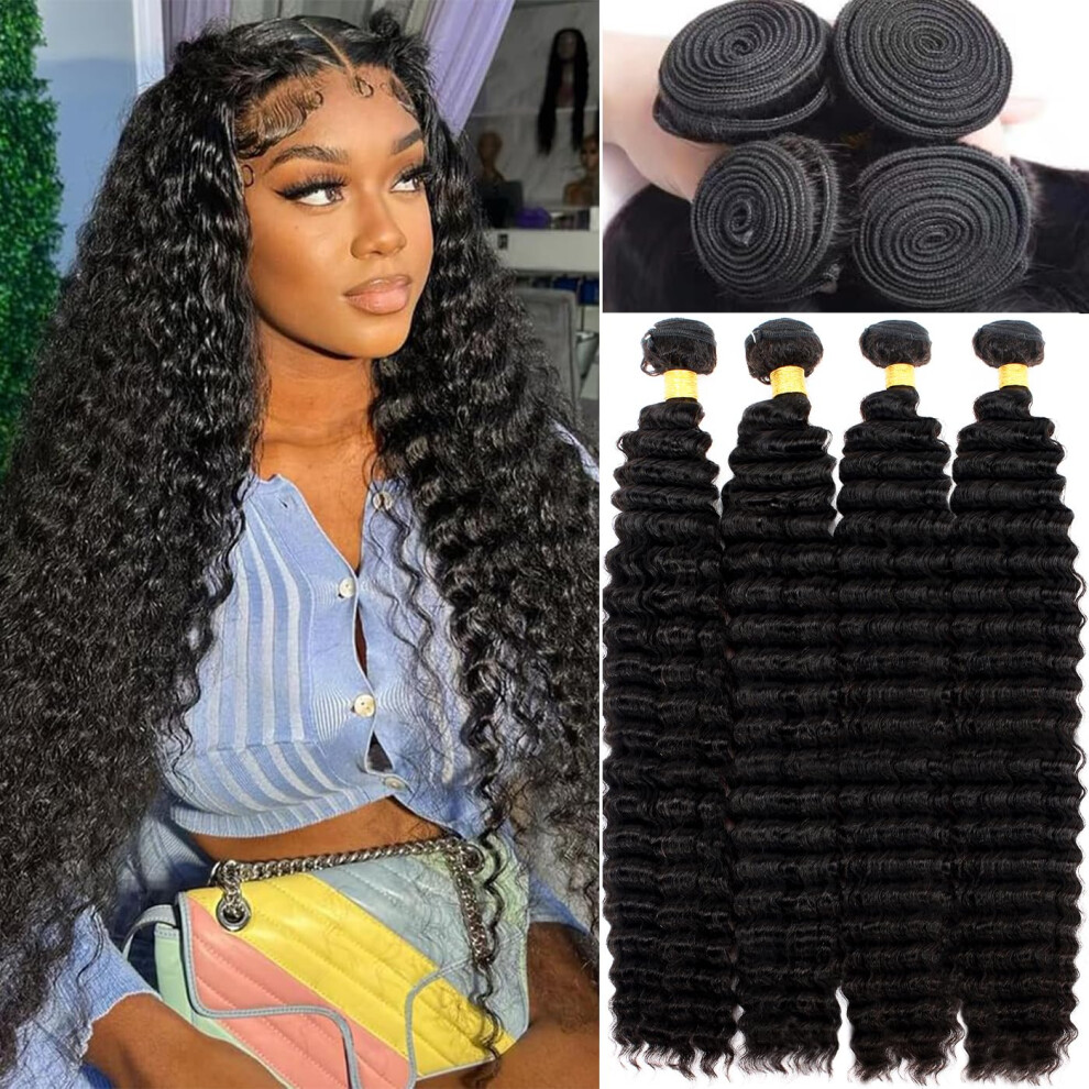 Royal Impression 12A Deep Wave Bundles Human Hair Pineapple Wave 4 Bundles 14"16"18"20" 400G 100% Unprocessed Virgin Brazilian Remy Human Hair Weave Bundles Natural Co