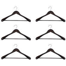 Perchas de Madera de Hombros Anchos Paquete de 6 con Barra Antideslizante para Pantalones - Percha para Traje de Madera Maciza con Acabado Liso