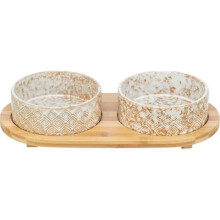 Water Bowl Set - TRIXIE - Ceramic/Bamboo - 2 x 800 ml - White/Natural - 39 x 8 x 20 cm
