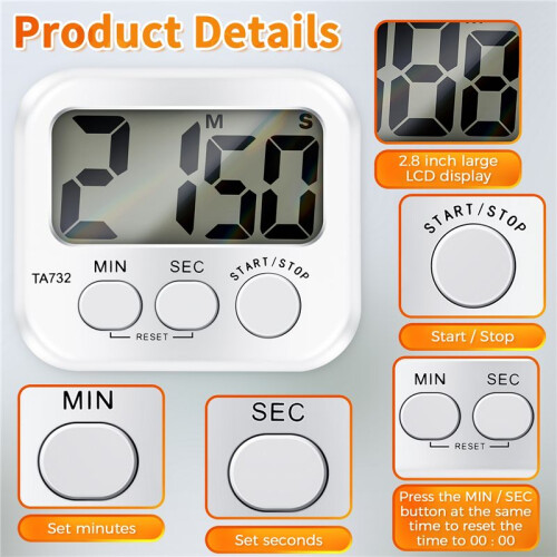 Digital Kitchen Timer, Large Screen Large Font Display, Magnetic Back Cooking Timer, Loud Alarm 2
