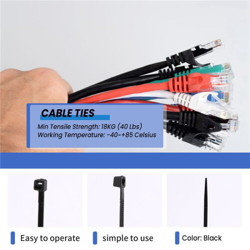 100 x Thin Black Cable Tidy Ties Zip Ties Cord Strap Wrap 200mm x 3mm 2
