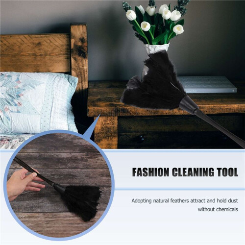 1pc Fashion Turkey Feather Duster with Black Plastic Handle Cleaning Tool(black)35cm