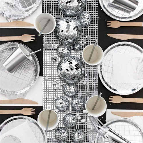 Disco Party Table Runner Mirror Silver Foil Table Runner Glitter Metallic Table Cover for Disco Dance Party Wedding 2