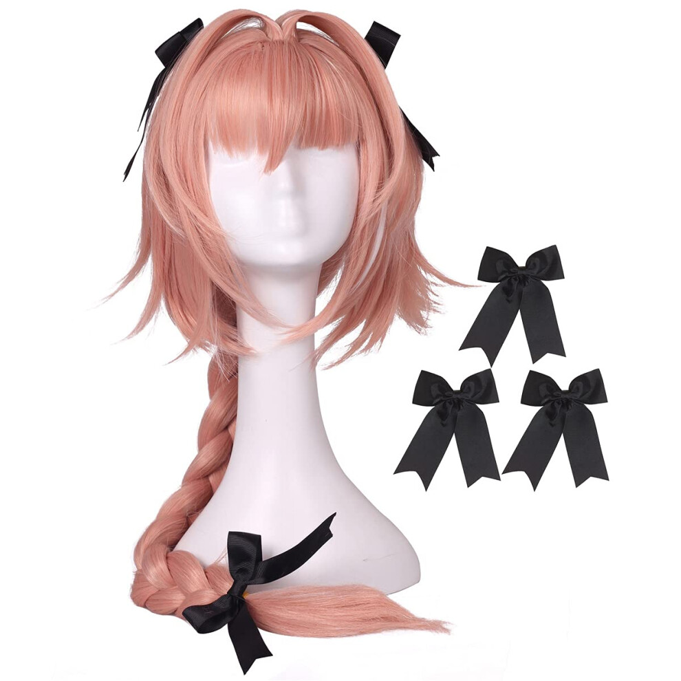 Colorground Unisex Pink,White,Black Long Braided Prestyled Pink With White Cosplay Wig And 3 Black Bowknot