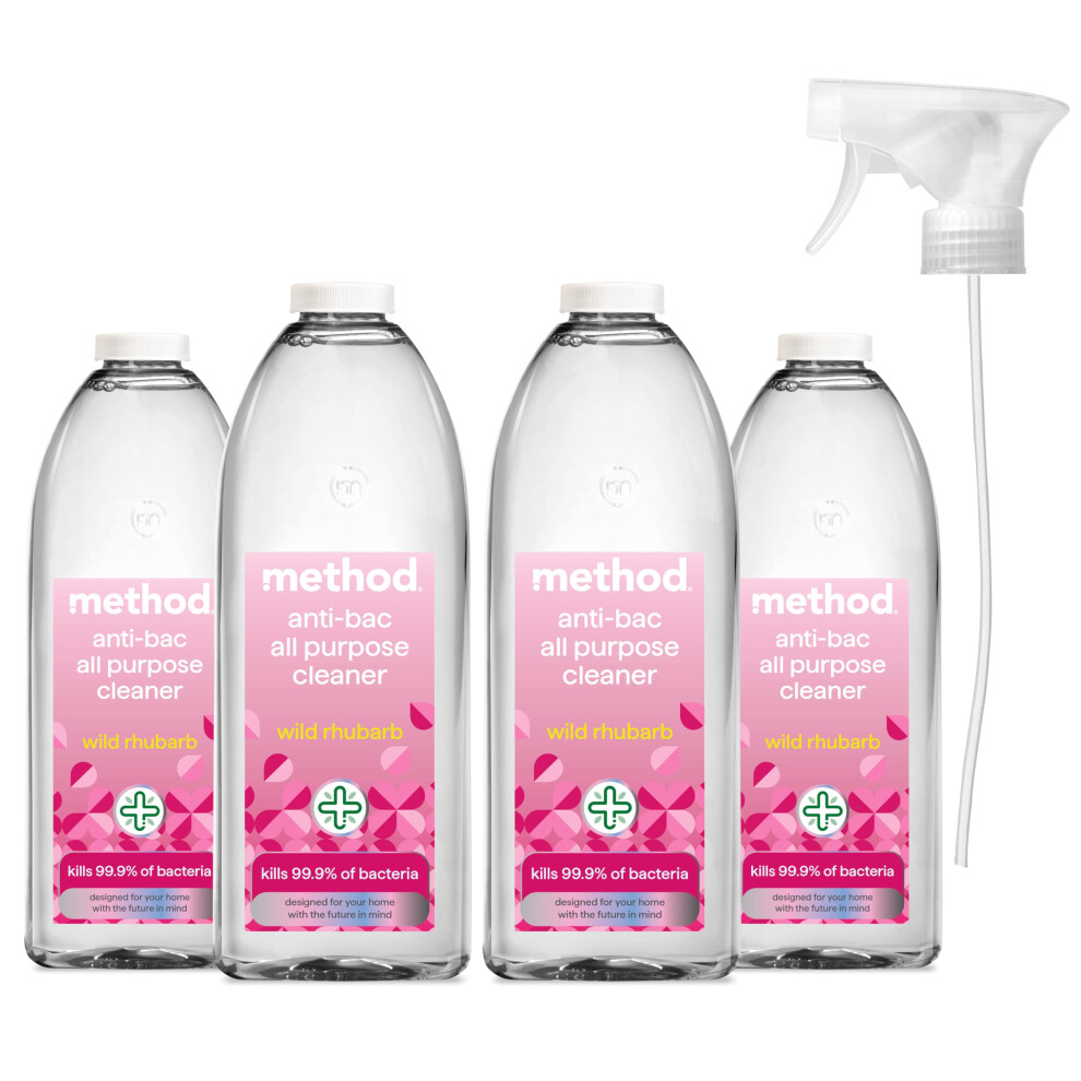 Method Antibacterial All Purpose Spray, Powerful Formula Kills 99.9% Of Bacteria, Wild Rhubarb, Pack Of 4, 828Ml