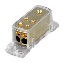 Audio System Protection Power Distribution Block Four Way Amp Splitter Gold Plated Solid Brass Industrial Grade Plastic Cover High Current Transfer