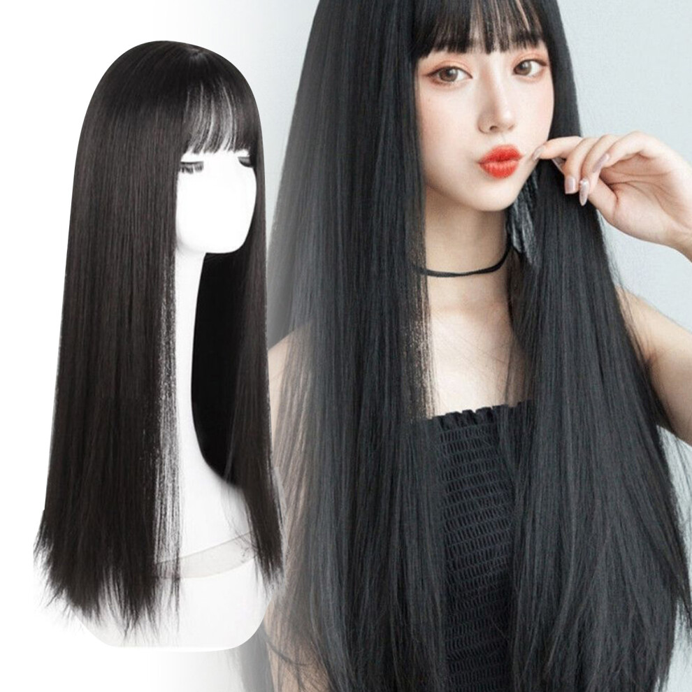 Unisex Black 28.3" Straight Wig With Bangs - Elegant Synthetic Heat-Resistant Hair