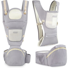 Moby-System Porte-bébé Ergonomique gris AMY 10-en-1, en coton 0 à 36 mois jusqu'à 15 k, 3 points d'appui : épaules, taille, hanches