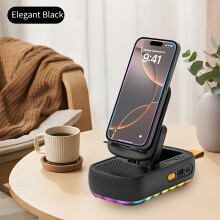 (Black) LED-Telefonhalter mit buntem Licht, kabellosem Lautsprecher und Powerbank, 3-in-1, 360 Grad drehbarer,