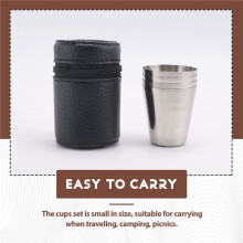 Polished 30Ml  Stainless Steel Shot Glass Cup Drinking Wine Glasses with Leather Cover Bag for Home Kitchen Bar