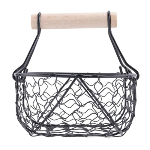 Wooden Handle Metal Retro Basket Portable Multi-Function Vegetable Fruit Egg Groceries Practical Storage Basket Organizer Black 2