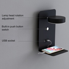 Reading Wall Light with USB Port Charging Rack Bedside Lamp with -Black