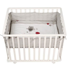 Babypark 100x75 cm + Teppich "Adam und Eule" Gedruckte Eule + 4 Räder - ROBA - Weißes Holz