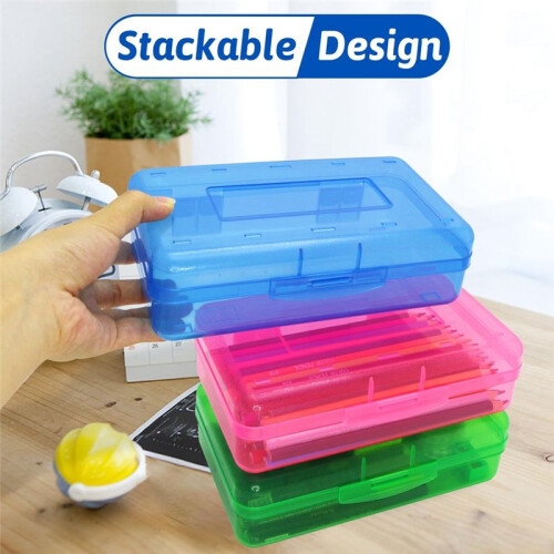 6 Pack Plastic Pencil Boxes Case Bulk Assorted Colors Capacity Pencil Box Clear Pencil Case with Lid Snap Closure 2