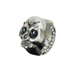 Bronze Flip- Skull Cover Finger Ring Watch Stretchy Watchband for Unisex--Battery Included, Ideal for Skull Lover