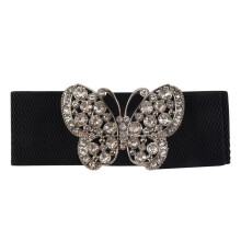 Mujer Cinturon cintura chicha elastico negro hebilla gancho de mariposa del acento de diamante de imitacion