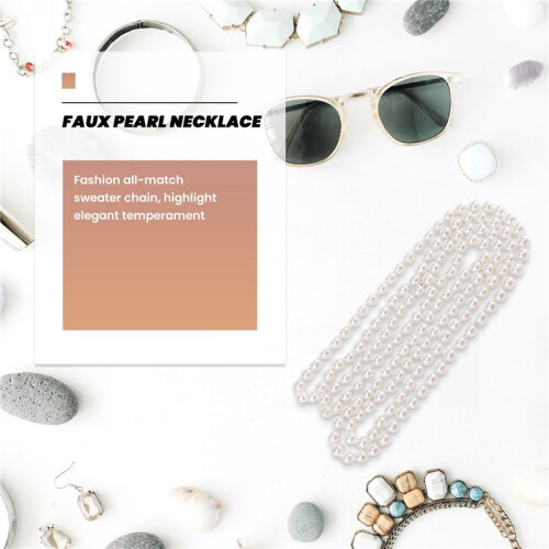 Faux Pearl Long Sweater Chain Necklace White 2
