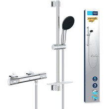 Duschset mit thermostatischem Mischbatterie, 3-Jet-Duschkopf, 60 cm Stange und Schlauch - GROHE 34791001 - Wassersparend - Verchromt