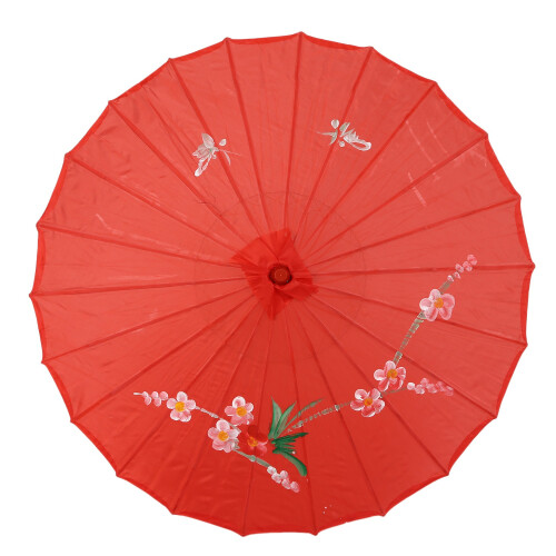 Plum Blossom Pattern Red Bamboo 31.5" Dia Oriental Umbrella Parasol 2