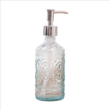 (Blue) Glass Elegant Transparent Soap Dispenser 420ml Square Ribbed Bottle Soap Liquid For