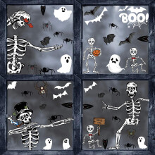 Décorations d'Halloween effrayantes, autocollants de fenêtre squelettes sinistres avec des éléments classiques, autocollants de fenêtre