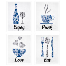 Navy Cobalt Grey White Vintage Inspirational Kitchen Restaurant Cafe Bar Wall Art Decorations Eat Drink Love Wine