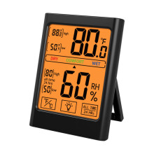 Sensor de temperatura e umidade para uso interno, sensor sensível, visor retroiluminado, ampla faixa de medição, design fácil de usar para