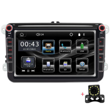 Autoradio da cruscotto per veicoli Volkswagen dotata di touchscreen, CarPlay e Android Auto, radio FM, Bluetooth e supporto per telecamera posteriore.