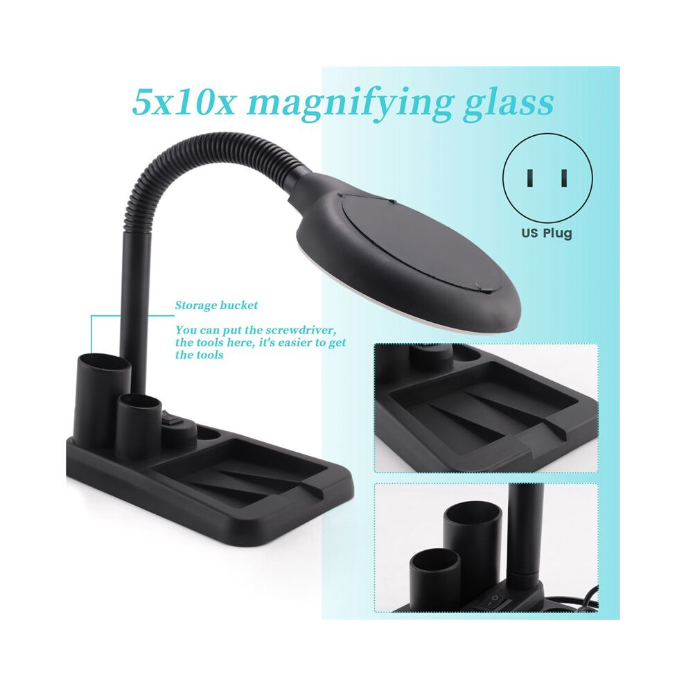 Spactz Light/Black Led Magnifying Lamp 5X 10X Magnifier With Table And Desk Lamp Floor Stand Adjustable Magnifying Magnifier Glass For Reading, Repairing (Black)