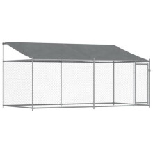 Cerca para cachorro - HELLOSHOP26 - 4 x 2 x 2 m - Aço galvanizado - Teto em tecido resistente à água - Cinza