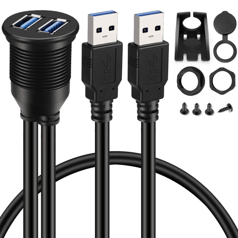 2 Dual Usb 3.0 Aux Flush Mount Car Mount Extension Cable For Car Truck Boat Motorcycle Dashboard Panel - 3Ft 4713031934027