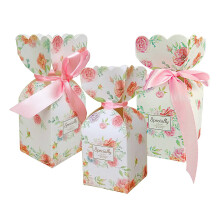 50 Pcs Floral Pattern Candy Boxes Wedding Bridal Shower Baby Birthday Party Favor Gift Box with 50Pcs Light Ribbon
