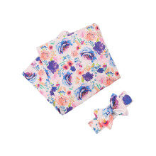 Newborn Swaddle Wrap Set, 2Piece Headband and Blanket in Soft Cotton for Baby Photography, Floral