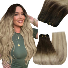 YoungSee Haarverlängerungen Echthaar Weft Dunkelbraun mit Mittel-Aschblond und Hellblond Strähnen