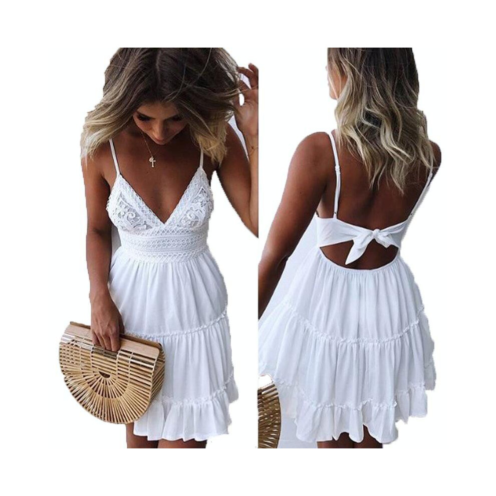 (, L) Summer Boho Women Short Mini Dress Evening Cocktail Party Beach Sundress Dresses White