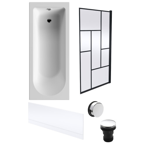 Balterley Round Single Ended 1700x700 Bath Set - Front Bath Panel & Black Abstract Framed Screen & Chrome Waste 1