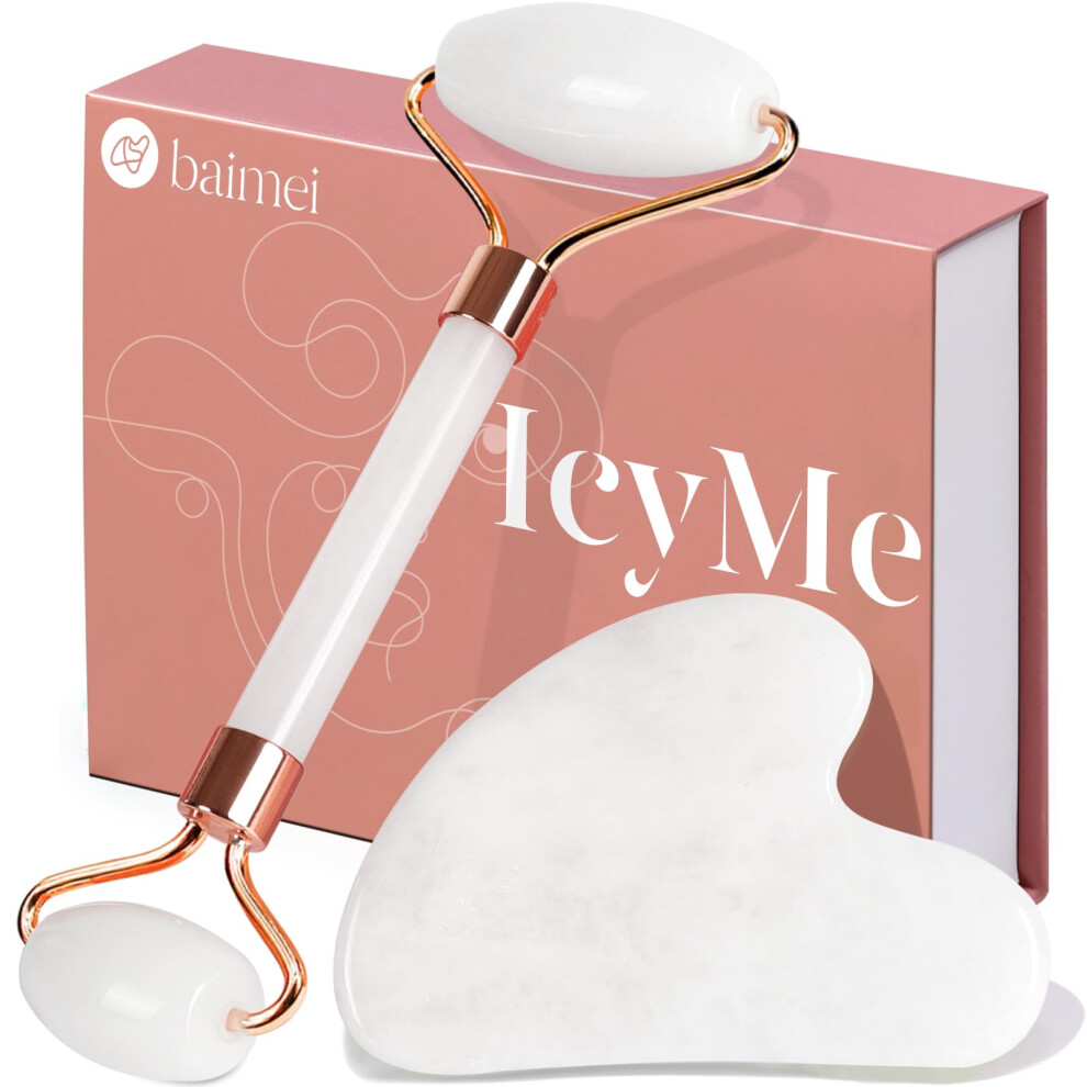 Baimei White Jade Roller & Gua Sha Set Face Roller And Gua Sha Facial Tools For Skin Care Routine And Puffiness, Self Care Gift For Men Women