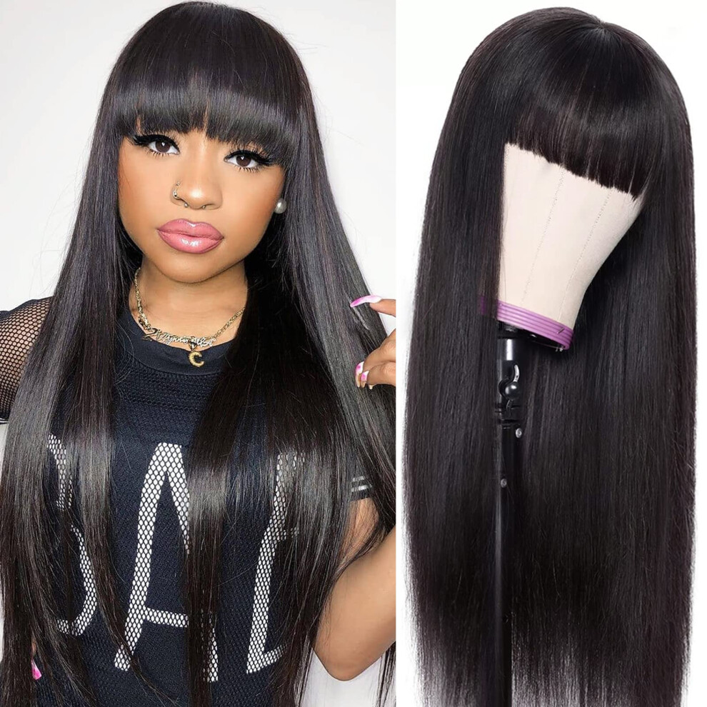 Lativ Straight Human Hair Wigs With Bangs None Lace Front Wigs 150% Density Glueless Machine Made Brazilian Virgin Human Hair Wigs For Black Women Natural C