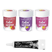 3 corantes alimentares framboesa, amora &amp; morango + Caneta de glacê preta