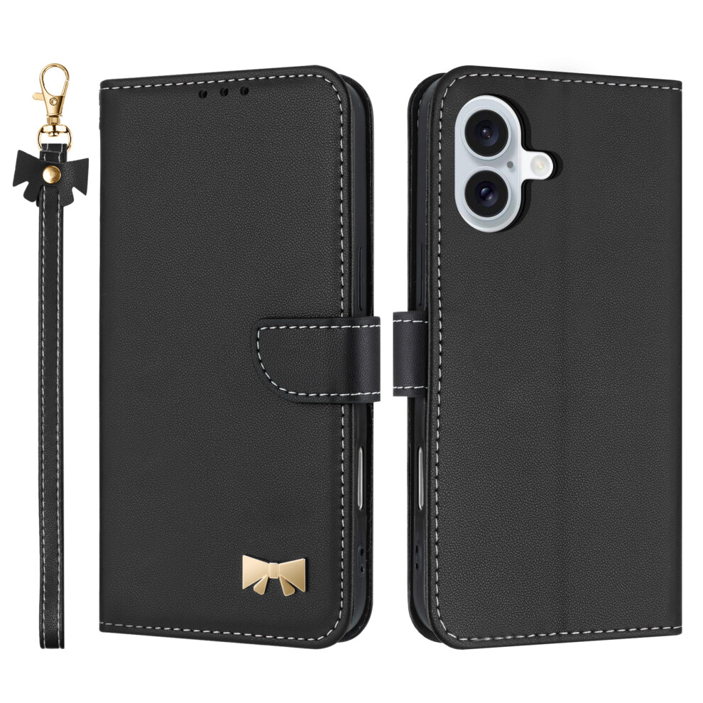 (Iphone 17, ) For Iphone 17 Case Bowknot Decor Wallet Leather Phone Cover With Wrist Strap Black 6914287944343