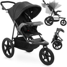 Moby-System Poussette 3 Roues, Pliable jusqu'à 15 kg, Tourne Facilement, Bandes Réfléchissantes, Ceinture à 5 Points- Noir