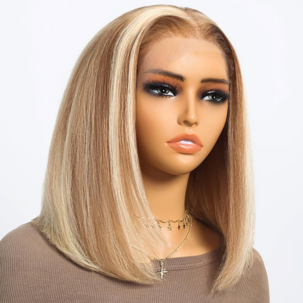 Superlook Unisex P12/613 Bob Wig Human Hair 13X4 Ready To Go Glueless Highlight Bob Wig 12A P12/613 Lace Front Wigs Human Hair 210% Density Hd Lace Front Wig