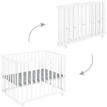 Faltbarer Babypark - ROBA - LITTLE STARS - 75 x 100 cm - Höhenverstellbar - 4 bremsbare Räder - Weiß lackiertes Holz - Sternmuster