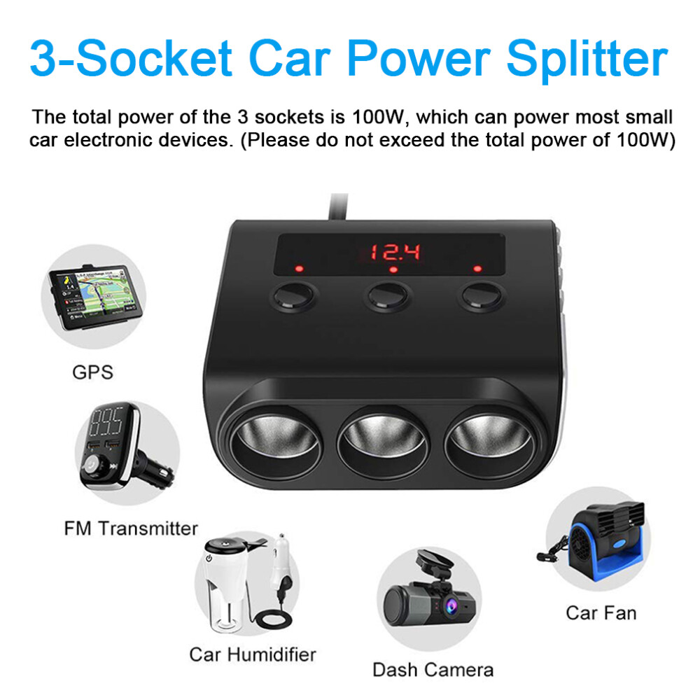 3-Socket Car Charger 100W With 4 Usb Ports & Led Voltage Display 12/24V 6951372669668