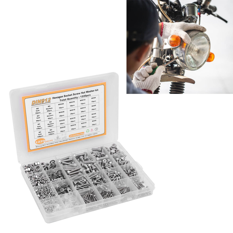 1220Pcs Stainless Steel Fastener Assortment M2 M3 M4 M5 Nut & Washer Set 8731373725413