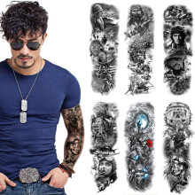 Militaire Tattoo Sleeve Zwarte Nep Oorlog Tattoo Volledige Mouw Tijdelijke Tattoo Stickers Lichaamskunst, 6-Blad